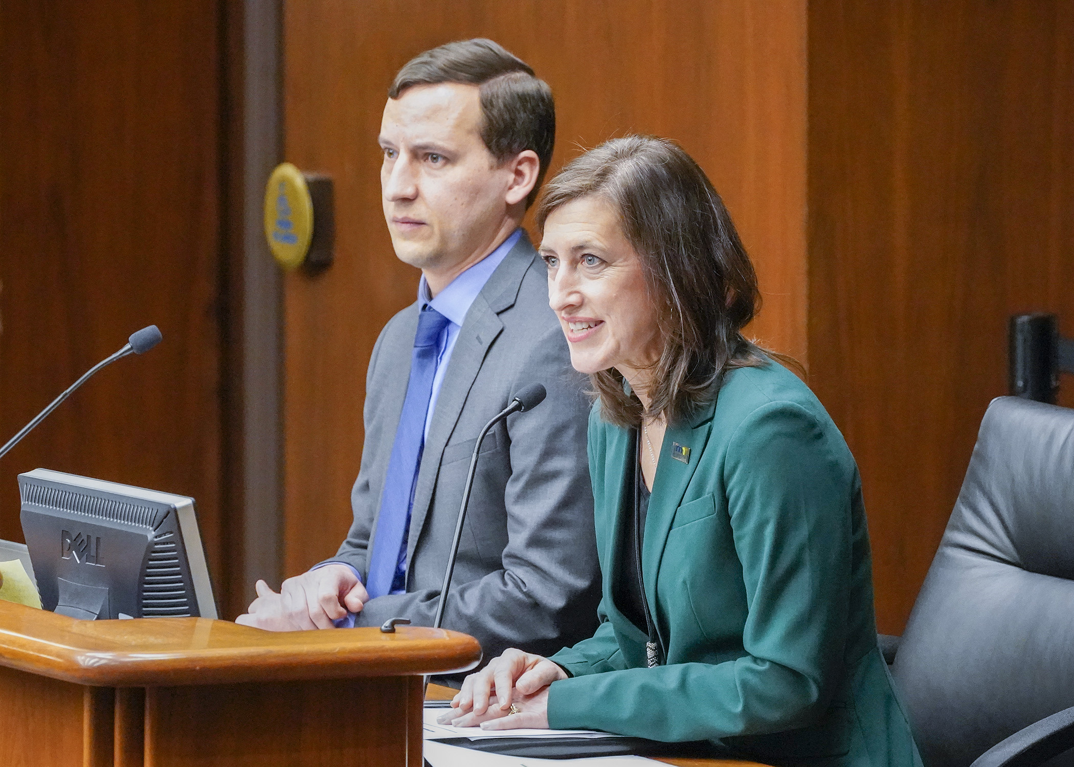 Transportation Commissioner Nancy Daubenberger and Chief Financial Officer Josh Knatterud-Hubinger present the governor’s MnDOT budget proposal during the Feb. 9 meeting of the House Transportation Finance and Policy Committee. (Photo by Andrew VonBank)